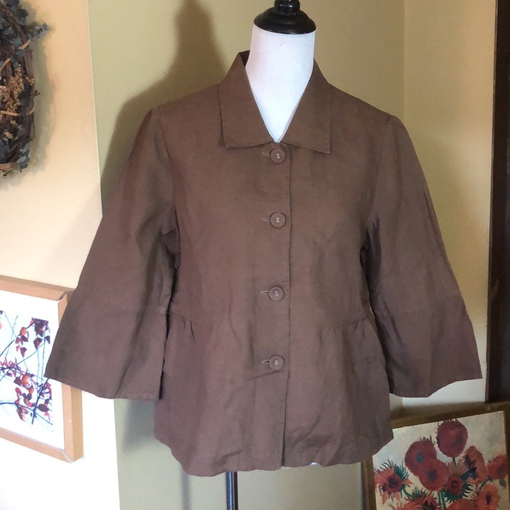 J JILL size Medium 100% Linen Jacket Empire BellSleeve LagenLook Fabric Buttons